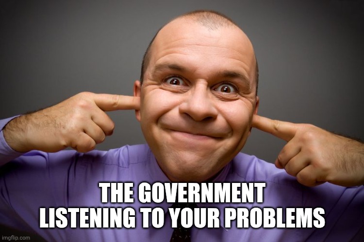 Fingers in ears | THE GOVERNMENT LISTENING TO YOUR PROBLEMS | image tagged in fingers in ears | made w/ Imgflip meme maker