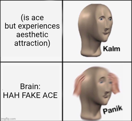 kalm panik | (is ace but experiences aesthetic attraction) Brain: HAH FAKE ACE | image tagged in kalm panik | made w/ Imgflip meme maker