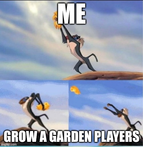 lion being yeeted | ME; GROW A GARDEN PLAYERS | image tagged in lion being yeeted | made w/ Imgflip meme maker