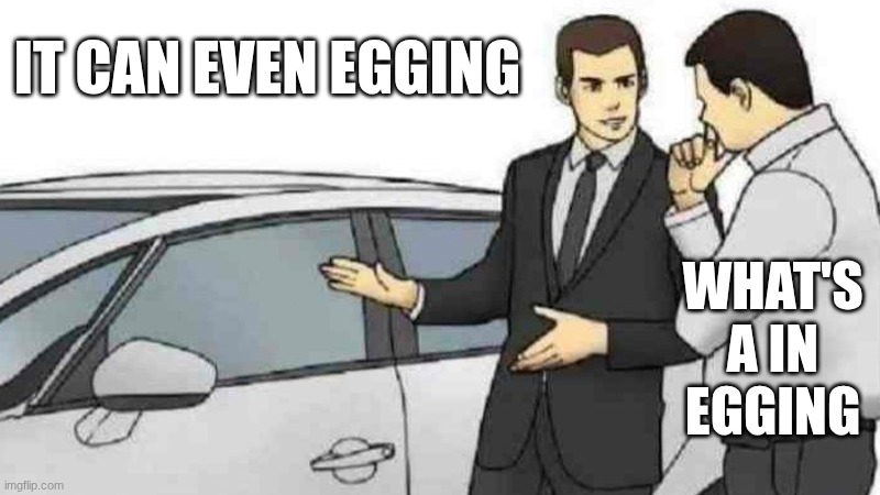 eg car | IT CAN EVEN EGGING; WHAT'S A IN EGGING | image tagged in memes,car salesman slaps roof of car,car,slap,eg,egging | made w/ Imgflip meme maker