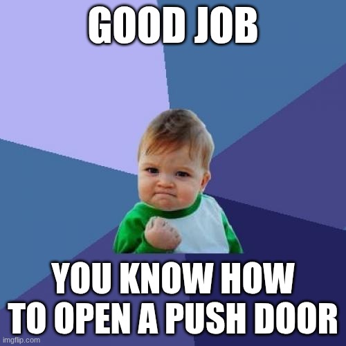 good job | GOOD JOB; YOU KNOW HOW TO OPEN A PUSH DOOR | image tagged in memes,success kid | made w/ Imgflip meme maker