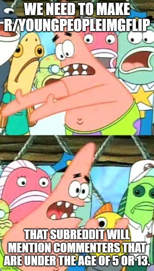 We need this subreddit | WE NEED TO MAKE R/YOUNGPEOPLEIMGFLIP; THAT SUBREDDIT WILL MENTION COMMENTERS THAT ARE UNDER THE AGE OF 5 OR 13. | image tagged in memes,put it somewhere else patrick,reddit | made w/ Imgflip meme maker