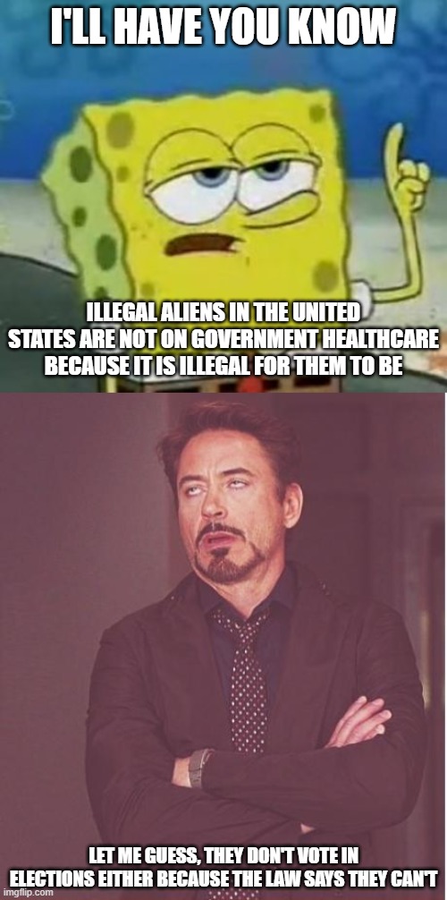 The Democrats argument for why the right is lying about illegals receiving federal insurance. You can't make this up. | I'LL HAVE YOU KNOW; ILLEGAL ALIENS IN THE UNITED STATES ARE NOT ON GOVERNMENT HEALTHCARE BECAUSE IT IS ILLEGAL FOR THEM TO BE; LET ME GUESS, THEY DON'T VOTE IN ELECTIONS EITHER BECAUSE THE LAW SAYS THEY CAN'T | image tagged in memes,i'll have you know spongebob,face you make robert downey jr,illegal aliens,democrats | made w/ Imgflip meme maker