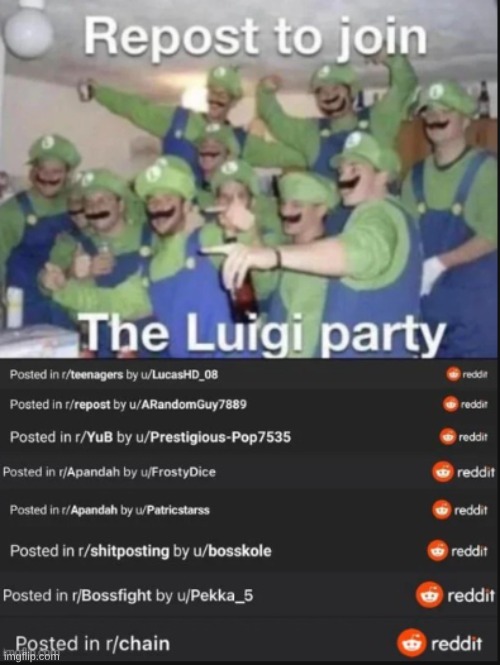 repost | image tagged in repost,luigi party,wsg chat | made w/ Imgflip meme maker