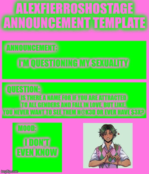AlexFierrosHostage Anouncmet Template | I'M QUESTIONING MY SEXUALITY; IS THERE A NAME FOR IF YOU ARE ATTRACTED TO ALL GENDERS AND FALL IN LOVE, BUT LIKE, YOU NEVER WANT TO SEE THEM N@K3D OR EVER HAVE $3X? I DON'T EVEN KNOW | image tagged in alexfierroshostage anouncmet template | made w/ Imgflip meme maker