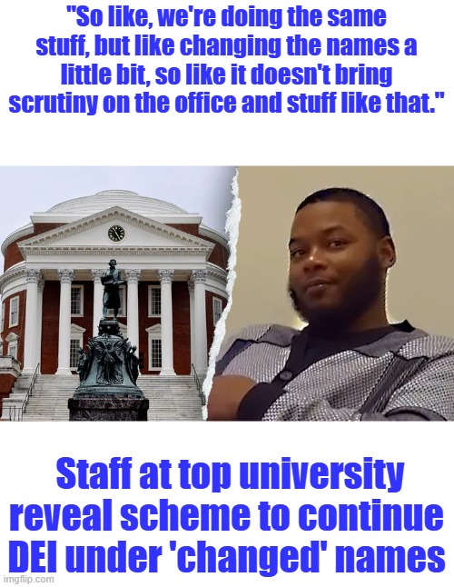 "We didn't actually get rid of our programs and stuff like that, just like renamed them." Snakes | "So like, we're doing the same stuff, but like changing the names a little bit, so like it doesn't bring scrutiny on the office and stuff like that."; Staff at top university reveal scheme to continue DEI under 'changed' names | made w/ Imgflip meme maker