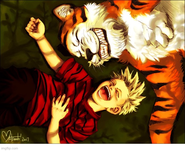 Calvin & Hobbes fan art | image tagged in calvin and hobbes,fan art,lifelike,tribute,laughing | made w/ Imgflip meme maker
