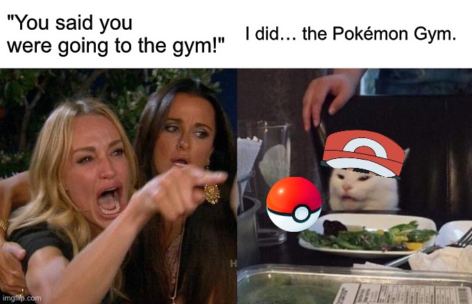 Woman Yelling At Cat | "You said you were going to the gym!"; I did… the Pokémon Gym. | image tagged in memes,woman yelling at cat | made w/ Imgflip meme maker