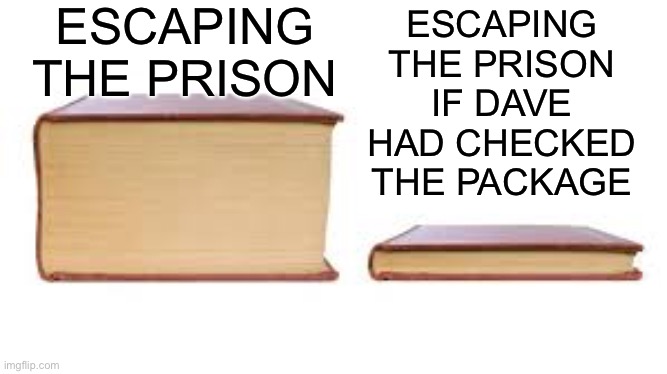 Henry Stickmin is cool | ESCAPING THE PRISON; ESCAPING THE PRISON IF DAVE HAD CHECKED THE PACKAGE | image tagged in big book small book,henry stickmin,escaping the prison,prison | made w/ Imgflip meme maker