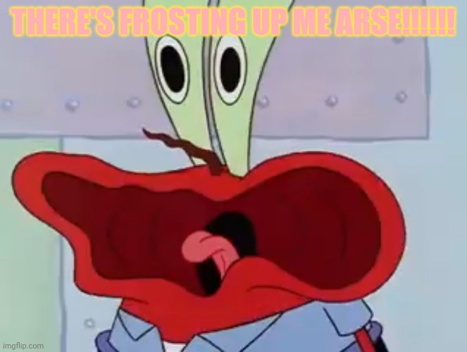 Mr Krabs Funny Scream | THERE'S FROSTING UP ME ARSE!!!!!! | image tagged in mr krabs funny scream | made w/ Imgflip meme maker