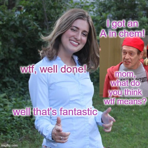 Cool Mom Mary | I got an A in chem! wtf, well done! mom, what do you think wtf means? well that's fantastic | image tagged in cool mom mary | made w/ Imgflip meme maker