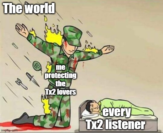 Soldier protecting sleeping child | The world; me protecting the Tx2 lovers; every Tx2 listener | image tagged in soldier protecting sleeping child | made w/ Imgflip meme maker