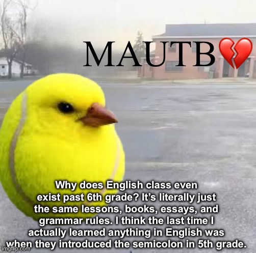 Mods Asleep, Upvote Tennis Bird | Why does English class even exist past 6th grade? It’s literally just the same lessons, books, essays, and grammar rules. I think the last time I actually learned anything in English was when they introduced the semicolon in 5th grade. | image tagged in mods asleep upvote tennis bird | made w/ Imgflip meme maker
