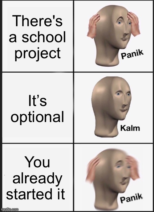 School projects | There's a school project; It’s optional; You already started it | image tagged in memes,panik kalm panik | made w/ Imgflip meme maker