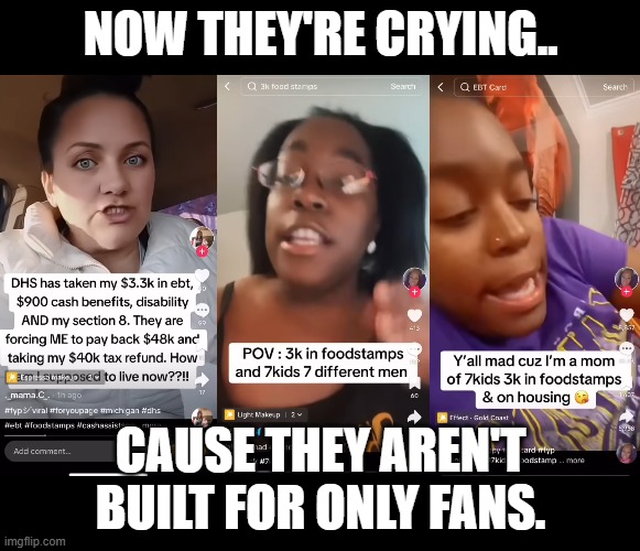 EBT Queens | NOW THEY'RE CRYING.. CAUSE THEY AREN'T BUILT FOR ONLY FANS. | image tagged in ebt queens,welfare,scammers,only fans | made w/ Imgflip meme maker