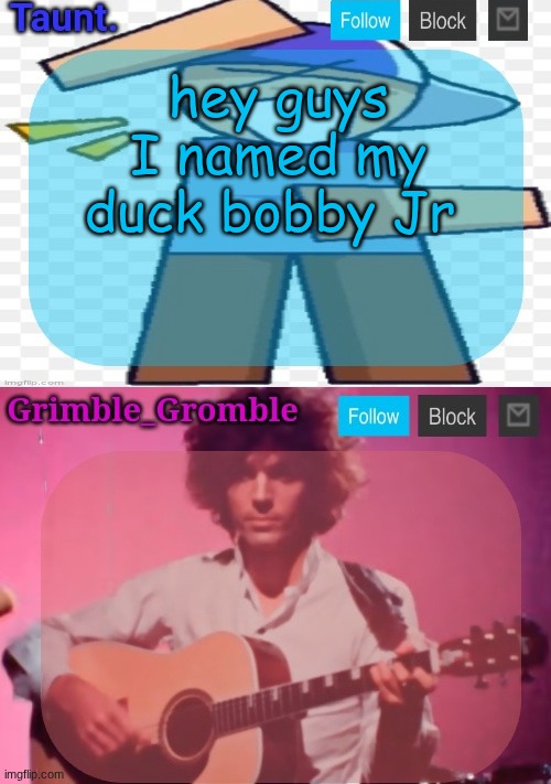 in ducklife 3 | hey guys I named my duck bobby Jr | image tagged in taunt and grimble_gromble announcement temp | made w/ Imgflip meme maker