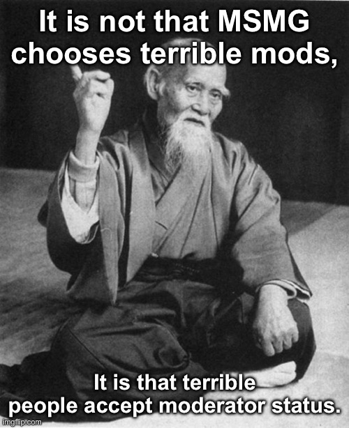 With some exceptions, of course. | It is not that MSMG chooses terrible mods, It is that terrible people accept moderator status. | image tagged in wise master | made w/ Imgflip meme maker