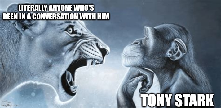 tiger yell at pondering monkey | LITERALLY ANYONE WHO'S BEEN IN A CONVERSATION WITH HIM; TONY STARK | image tagged in tiger yell at pondering monkey | made w/ Imgflip meme maker