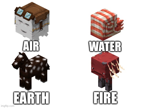 They completed the quadrilogy | WATER; AIR; FIRE; EARTH | image tagged in minecraft,mob,four horsemen,horse,elements,meme | made w/ Imgflip meme maker