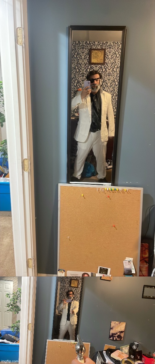 (CW: a pistol is featured in this image.) my halloween costume chat | image tagged in raul menendez,nicaraguan drug dealer,and dictator from black ops 2 | made w/ Imgflip meme maker