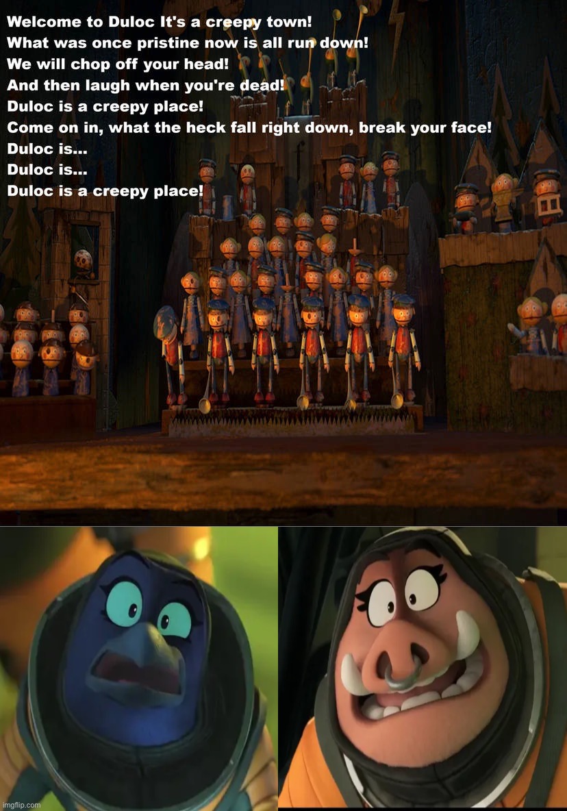 Doom and Pigtail react to Duloc is a Creepy Place | image tagged in shrek,dreamworks,the bad guys,scared shrekless,memes | made w/ Imgflip meme maker