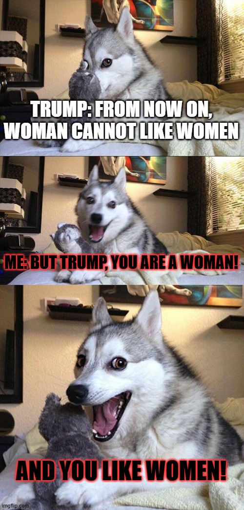 Bad Pun Dog | TRUMP: FROM NOW ON, WOMAN CANNOT LIKE WOMEN; ME: BUT TRUMP, YOU ARE A WOMAN! AND YOU LIKE WOMEN! | image tagged in memes,bad pun dog | made w/ Imgflip meme maker
