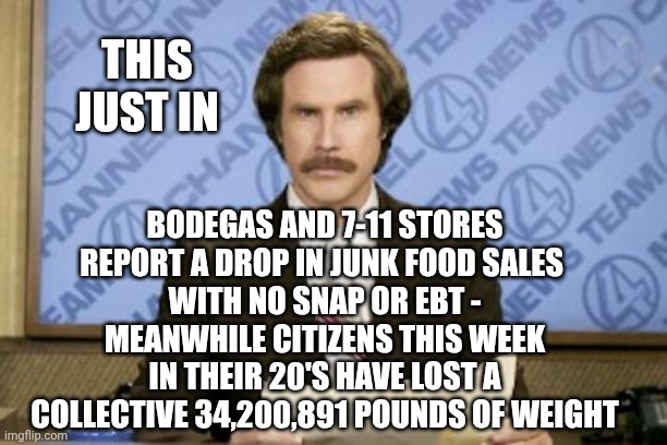 Best 2 Week Diet Plan | THIS JUST IN; BODEGAS AND 7-11 STORES REPORT A DROP IN JUNK FOOD SALES 
WITH NO SNAP OR EBT -
MEANWHILE CITIZENS THIS WEEK IN THEIR 20'S HAVE LOST A COLLECTIVE 34,200,891 POUNDS OF WEIGHT | image tagged in memes,ron burgundy,ebt,snap,leftists,democrats | made w/ Imgflip meme maker
