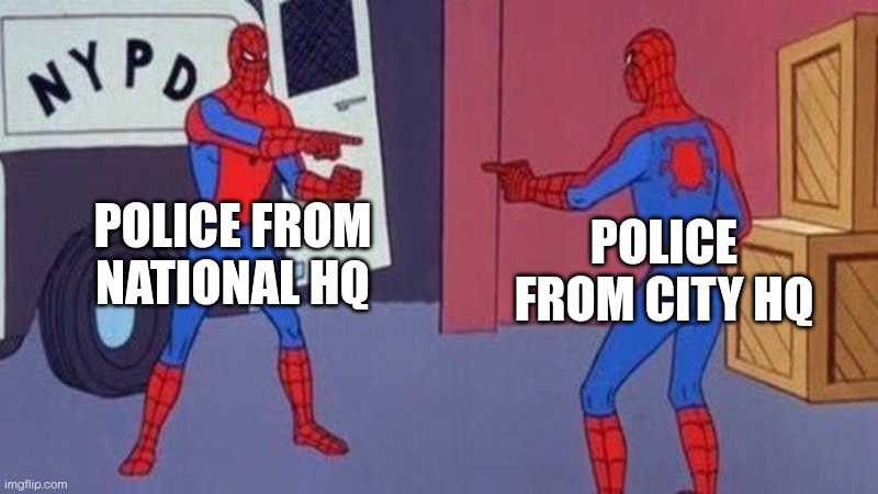 Police from National HQ &City HQ | POLICE FROM NATIONAL HQ; POLICE FROM CITY HQ | image tagged in spiderman pointing at spiderman | made w/ Imgflip meme maker