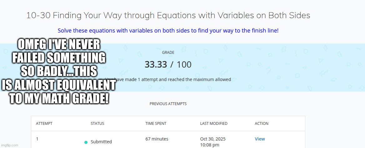 yes ik Abt the time...DONT U SAY IT | OMFG I'VE NEVER FAILED SOMETHING SO BADLY...THIS IS ALMOST EQUIVALENT TO MY MATH GRADE! | made w/ Imgflip meme maker