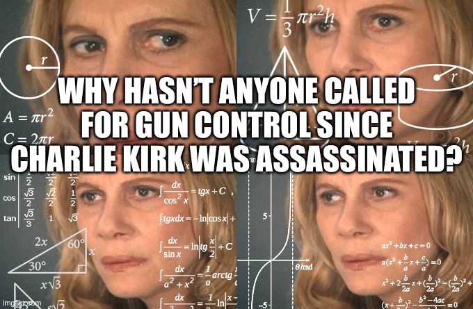 Calculating meme | WHY HASN’T ANYONE CALLED FOR GUN CONTROL SINCE CHARLIE KIRK WAS ASSASSINATED? | image tagged in calculating meme | made w/ Imgflip meme maker