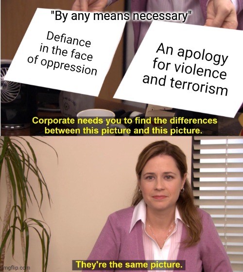 They're The Same Picture | "By any means necessary"; Defiance in the face of oppression; An apology for violence and terrorism | image tagged in memes,they're the same picture | made w/ Imgflip meme maker