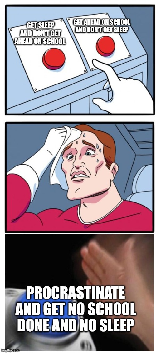 (I procrastinated making this) | GET AHEAD ON SCHOOL AND DON'T GET SLEEP; GET SLEEP AND DON'T GET AHEAD ON SCHOOL; PROCRASTINATE AND GET NO SCHOOL DONE AND NO SLEEP | image tagged in two buttons and a third one,procrastination | made w/ Imgflip meme maker