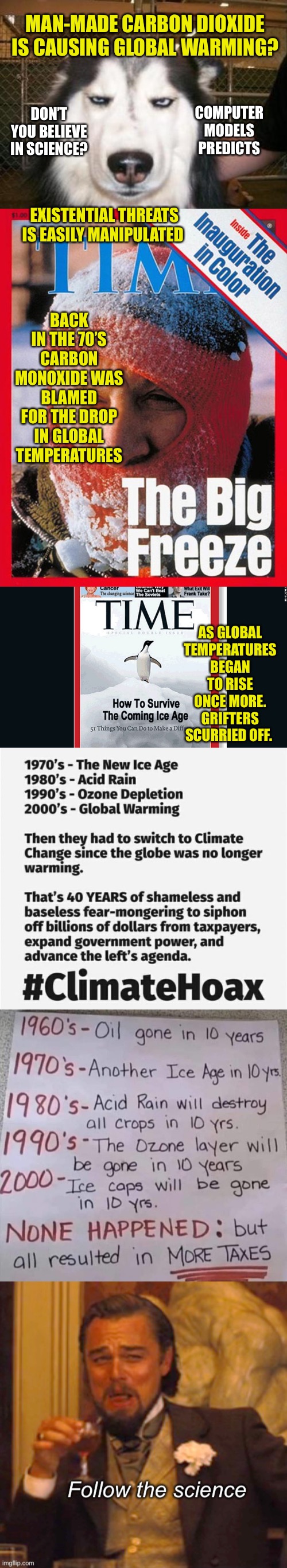 Weather or Not | MAN-MADE CARBON DIOXIDE IS CAUSING GLOBAL WARMING? COMPUTER MODELS PREDICTS; DON’T YOU BELIEVE IN SCIENCE? EXISTENTIAL THREATS IS EASILY MANIPULATED; BACK IN THE 70’S CARBON MONOXIDE WAS BLAMED FOR THE DROP IN GLOBAL TEMPERATURES; AS GLOBAL TEMPERATURES BEGAN TO RISE ONCE MORE. GRIFTERS SCURRIED OFF. | image tagged in skeptical dog | made w/ Imgflip meme maker