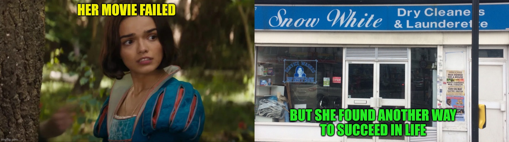 A disgraced Disney Princess finds work elsewhere | HER MOVIE FAILED; BUT SHE FOUND ANOTHER WAY
TO SUCCEED IN LIFE | image tagged in snow white,rachel zegler,disney,princess,dry cleaning,launderette | made w/ Imgflip meme maker