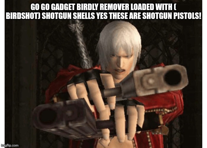 Dante (Devil May Cry) | GO GO GADGET BIRDLY REMOVER LOADED WITH ( BIRDSHOT) SHOTGUN SHELLS YES THESE ARE SHOTGUN PISTOLS! | image tagged in dante devil may cry | made w/ Imgflip meme maker