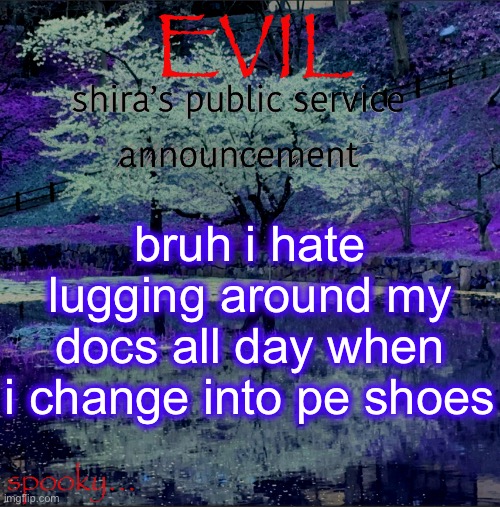 Shira temp | bruh i hate lugging around my docs all day when i change into pe shoes | image tagged in shira temp | made w/ Imgflip meme maker