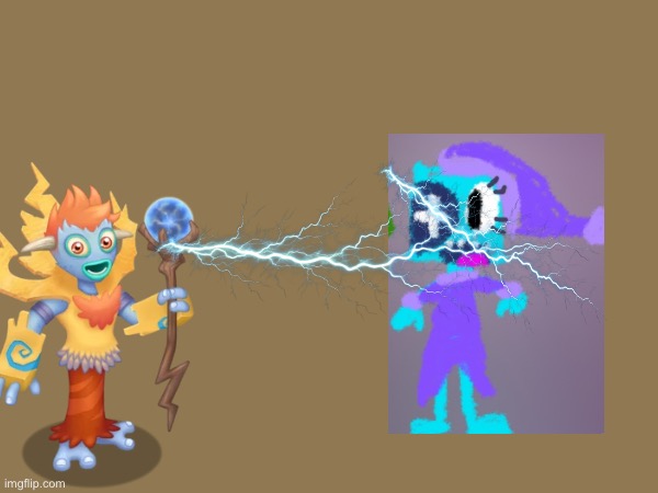 Galvana Electricutes Simia | image tagged in oc,ugly oc,my singing monsters,simia,galvana,bad imglfip user redesign | made w/ Imgflip meme maker