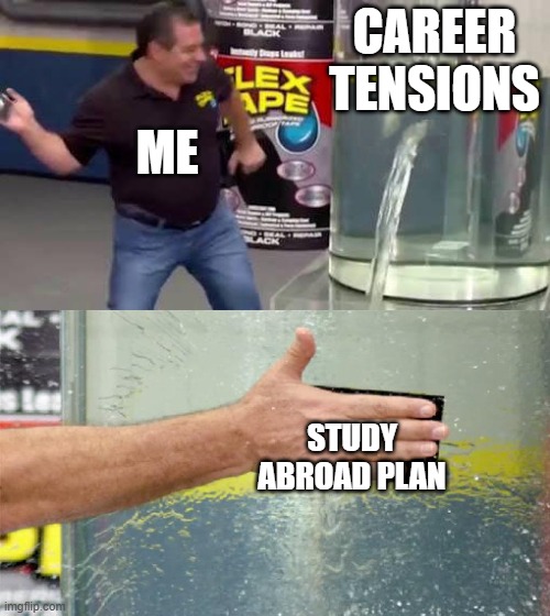 Flex Tape | CAREER TENSIONS; ME; STUDY ABROAD PLAN | image tagged in flex tape | made w/ Imgflip meme maker