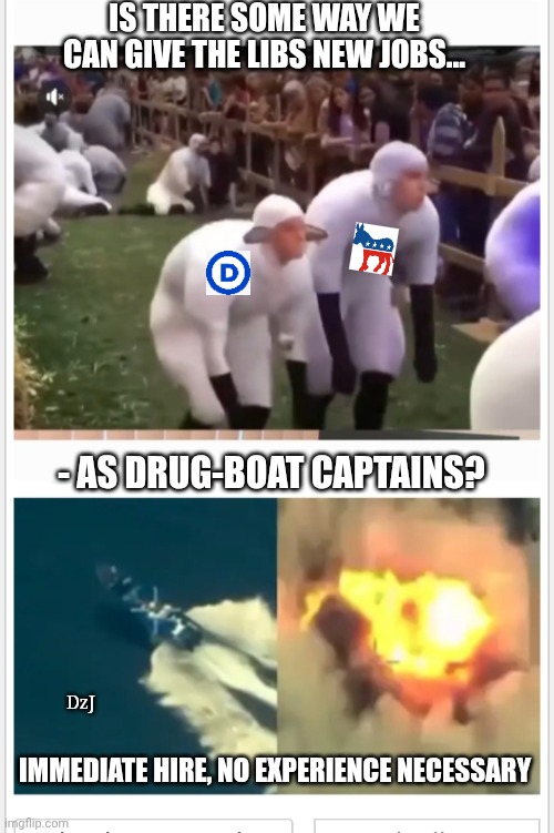 Got the perfect job for them | IS THERE SOME WAY WE CAN GIVE THE LIBS NEW JOBS... - AS DRUG-BOAT CAPTAINS? DzJ; IMMEDIATE HIRE, NO EXPERIENCE NECESSARY | image tagged in useless,liberal,retarded liberal protesters,dumbasses,boom | made w/ Imgflip meme maker