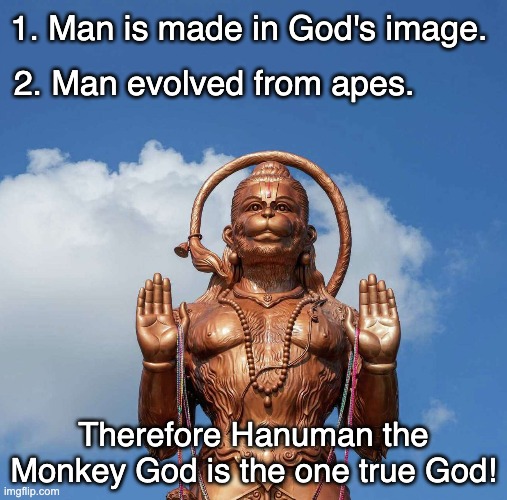 Hanuman the one true God! | 1. Man is made in God's image. 2. Man evolved from apes. Therefore Hanuman the Monkey God is the one true God! | image tagged in monkey,god | made w/ Imgflip meme maker