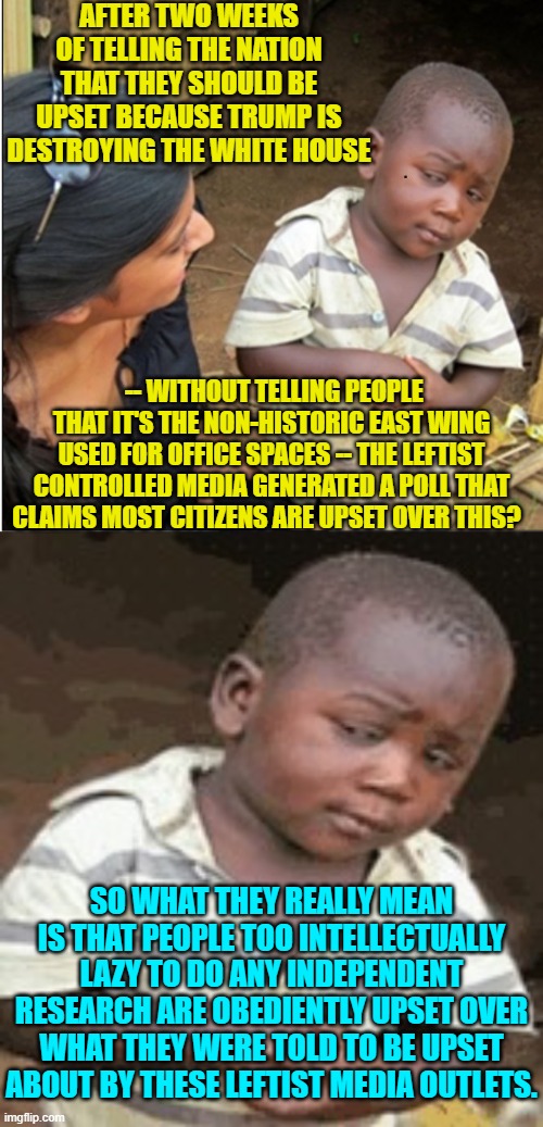 And then these leftist controlled media outlets wonder WHY people don't trust them anymore. | AFTER TWO WEEKS OF TELLING THE NATION THAT THEY SHOULD BE UPSET BECAUSE TRUMP IS DESTROYING THE WHITE HOUSE; -- WITHOUT TELLING PEOPLE THAT IT'S THE NON-HISTORIC EAST WING USED FOR OFFICE SPACES -- THE LEFTIST CONTROLLED MEDIA GENERATED A POLL THAT CLAIMS MOST CITIZENS ARE UPSET OVER THIS? SO WHAT THEY REALLY MEAN IS THAT PEOPLE TOO INTELLECTUALLY LAZY TO DO ANY INDEPENDENT RESEARCH ARE OBEDIENTLY UPSET OVER WHAT THEY WERE TOLD TO BE UPSET ABOUT BY THESE LEFTIST MEDIA OUTLETS. | image tagged in skepticalkid | made w/ Imgflip meme maker