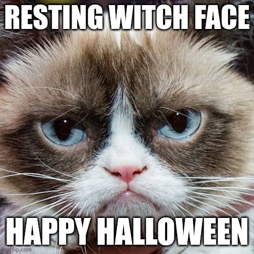 Happy Halloween | RESTING WITCH FACE; HAPPY HALLOWEEN | image tagged in halloween,sarcasm,grumpy cat | made w/ Imgflip meme maker
