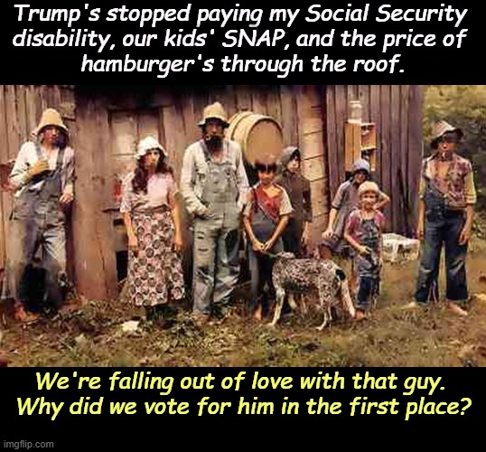 Trump is shafting his base. | Trump's stopped paying my Social Security 
disability, our kids' SNAP, and the price of 
hamburger's through the roof. We're falling out of love with that guy. 
Why did we vote for him in the first place? | image tagged in maga voters falling out of love with trump hillbilly redneck,maga,trump,social security,food stamps,cost of living | made w/ Imgflip meme maker