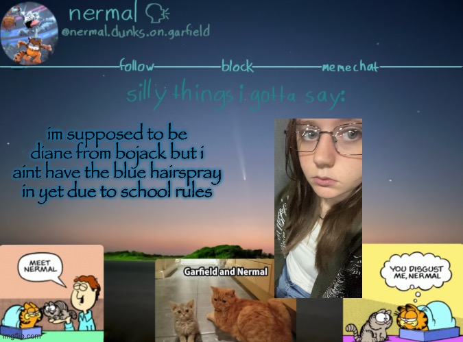 nermal :speak: | im supposed to be diane from bojack but i aint have the blue hairspray in yet due to school rules | image tagged in nermal speak | made w/ Imgflip meme maker