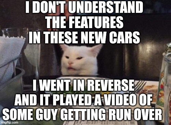 Smudge that darn cat | I DON'T UNDERSTAND THE FEATURES IN THESE NEW CARS; I WENT IN REVERSE AND IT PLAYED A VIDEO OF SOME GUY GETTING RUN OVER | image tagged in smudge that darn cat | made w/ Imgflip meme maker