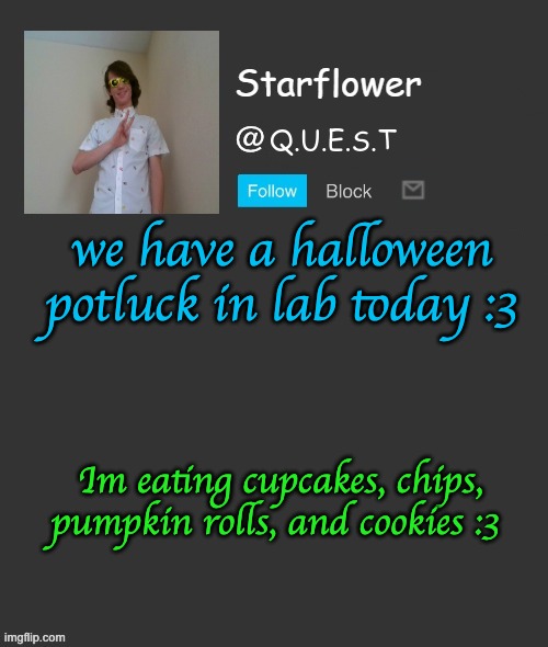 Starflower quest template | we have a halloween potluck in lab today :3; Im eating cupcakes, chips, pumpkin rolls, and cookies :3 | image tagged in starflower quest template | made w/ Imgflip meme maker