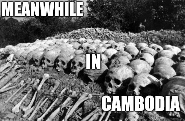 Cambodia Killing fields | MEANWHILE; IN; CAMBODIA | image tagged in cambodia killing fields | made w/ Imgflip meme maker