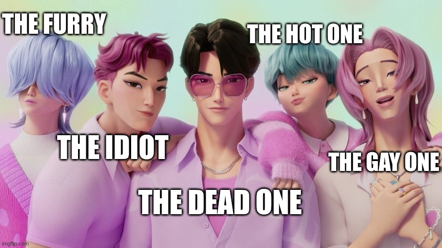 THE FURRY; THE HOT ONE; THE IDIOT; THE GAY ONE; THE DEAD ONE | made w/ Imgflip meme maker