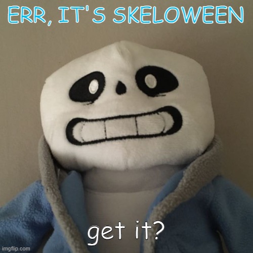 Skeloween | ERR, IT'S SKELOWEEN; get it? | image tagged in sans plush | made w/ Imgflip meme maker