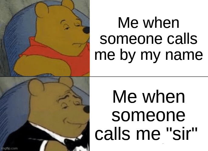 Tuxedo Winnie The Pooh | Me when someone calls me by my name; Me when someone calls me "sir" | image tagged in memes,tuxedo winnie the pooh | made w/ Imgflip meme maker